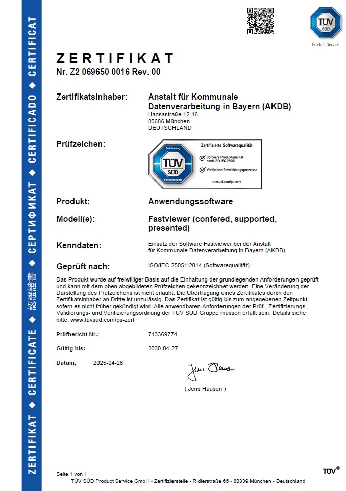 Abbildung des Zertifikats der Fernwartungssoftware Fastviewer